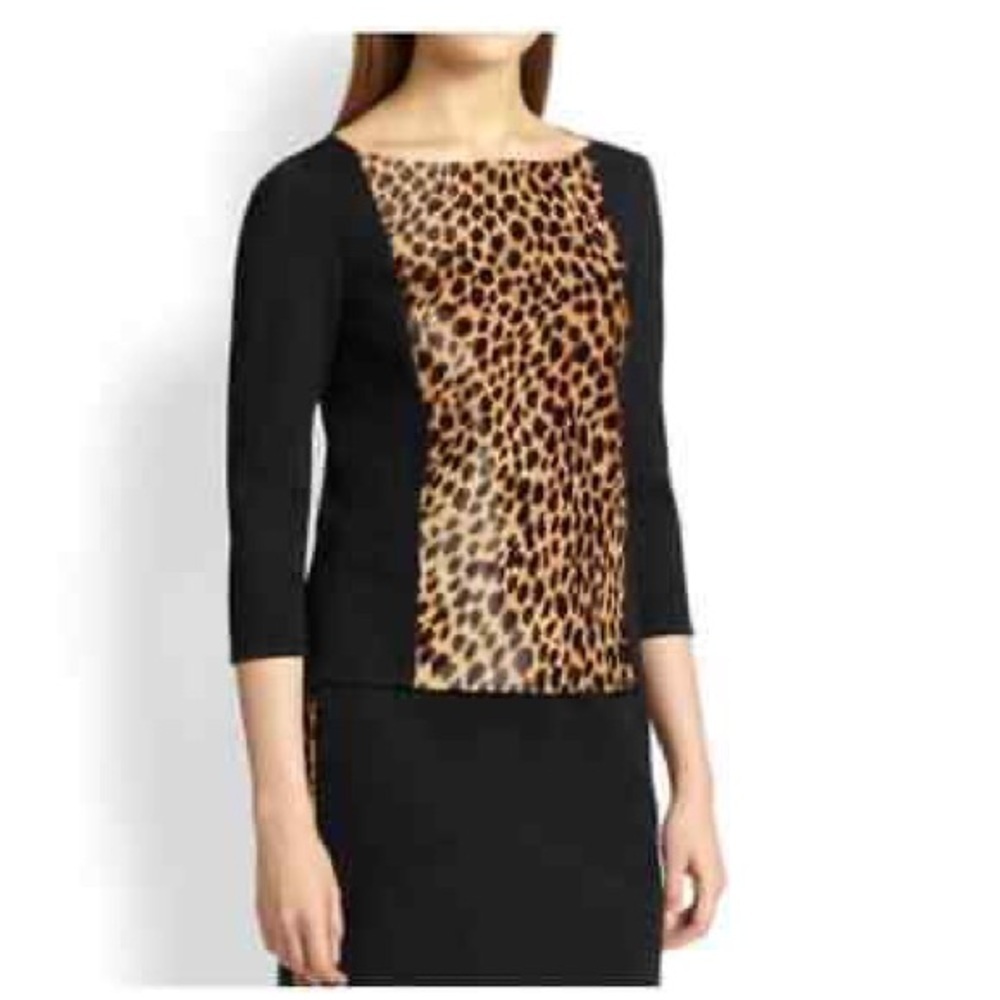 ST. JOHN Women’s Milano Calf Hair Leopard Print 3/4 Sleeve Sweater Knit Top 6